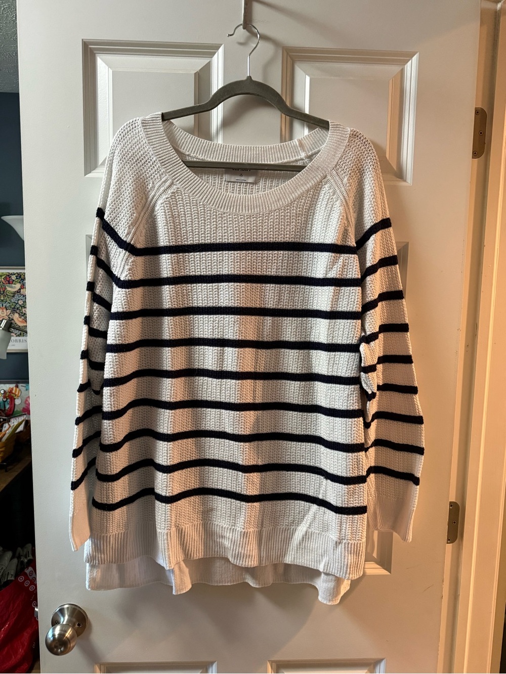 Old Navy White Crewneck Sweater with Navy Stripes